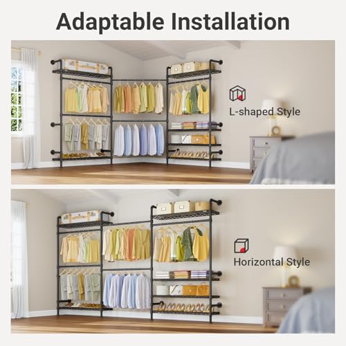 Timate F3 Plus Wall Mounted Clothes Rack Industrial Pipe Clothing Rack for Hanging Clothes, Heavy Duty Clothes Rack with Shelves, Expandable Garment Rack Wall Closet System, Black Pipe Closet Kit - color: Black, size: F3 Plus