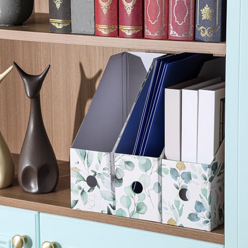 PerKoop 6 Pcs Decorative Magazine File Holders Floral Foldable File Folders Magazine Storage Boxes Rack Desk Organizer Documents with Printable Labels for School Office Home (Eucalyptus Leaves) - style: Eucalyptus Leaves