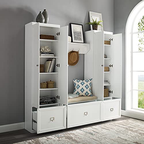 Crosley Furniture Harper 4-Piece Storage Cabinet, Shoe Rack Bench, and Wall Shelf Set with Coat Hooks, White