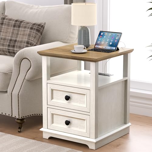 REDAYFUR End Table with Fast USB C Charging Station, 18" Wide Tall Sofa Side Table with 2 Drawers, Large Storage Rustic Wood Square Storage Cabinet for Living Room,Bedroom,Office, White - color: Rustic White, size: 1 Piece