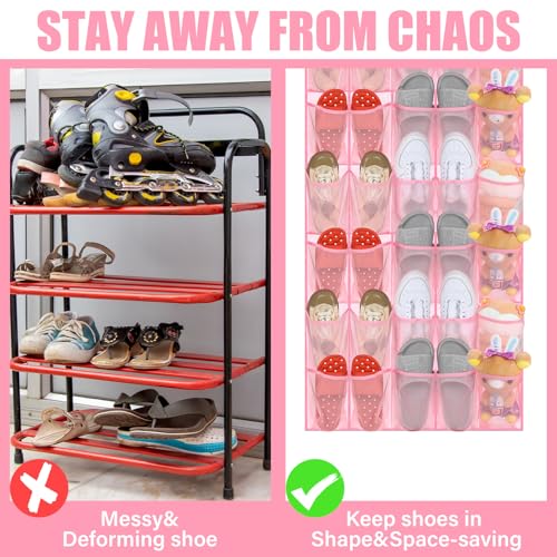 Windyun 40 Over the Door Shoe Organizer Large Breathable Mesh Pockets Pink Hanging Shoe Rack for Closet Behind Door Hanger Storage Holder Nonslip Hooks for Women Entryway Bedroom Utility Room - color: pink