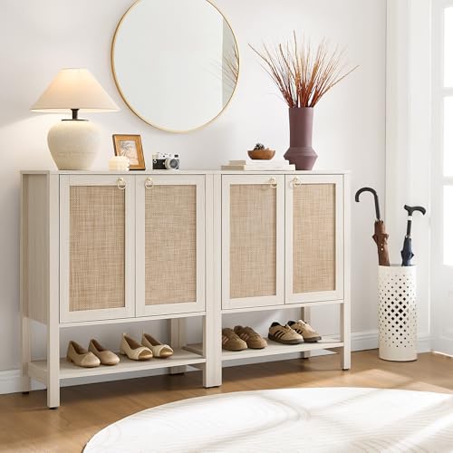 SICOTAS Shoe Storage Cabinet for Entryway - 5 Tier Rattan Entry Shoe Organizer Cabinet with Shelves & Doors, 2 Pieces Farmhouse Boho Shoe Rack for Hallway, Living Room, Closet (White Cream Oak) - color: White Cream Oak, size: 2 Pieces