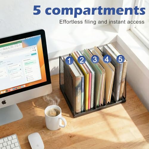 AUPSEN 5-Section File Organizer for Desk, Wood Mesh Desktop File Organizer, File Sorter Storage Rack, Vertical Folder Holder for Files, Magazines, Books (Black) - color: Black