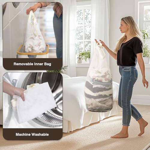 100L Laundry Hamper with Lid, Large Laundry Basket with Bamboo Handles, Clothes Hampers for Laundry with Removable Bag, Dirty Clothes Hampers for Bedroom Aesthetic, Beige - color: Beige