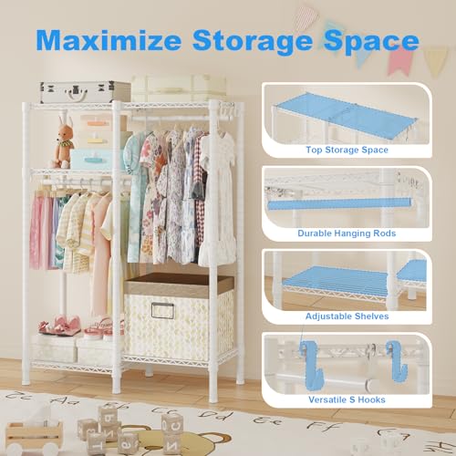 Ulif F1 Garment Rack for Kids, Baby, Students, and Children's Room, 4 Tiers Freestanding and Portable Heavy Duty Closets, Small Metal Clothes Rack with 2 Hanging Rod, 31.2" W x 11.8" D x 48" H, White - color: White