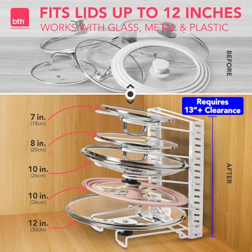 Free-Standing Adjustable Pot Lid Organizer for Cabinet - Kitchen Storage Rack 6 Adjustable Shelves, Pot Lid Holder, Pan and Pot Rack Organizer, Pantry & Inside Cabinet Organizer (13” Clearance) - color: Classic White