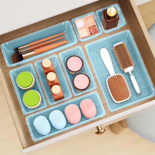 ElegantArray 12-Piece Drawer Organizer Set, 4 Sizes Versatile Plastic Vanity Organizer for Makeup, Stationery, Gadgets, in Kitchen, Bathroom, Office, and Bedroom, Sea Blue - color: Sea Blue, size: 12 PCS