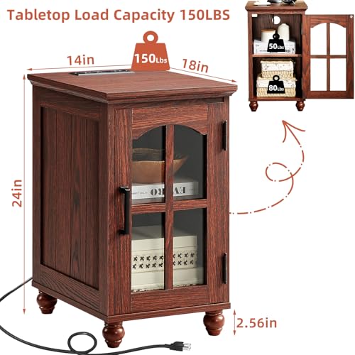 Narrow Side Table,Farmhouse Nightstand with Charging Station,Wood End Table with Glass Barn Door Storage, Cabinet Organizer with Adjustable Shelf, Night Stand for Small Spaces for Living Room Bedroom - color: Red Oak, size: Set 1