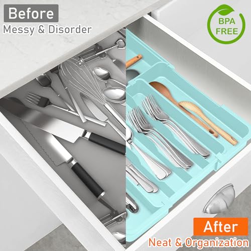 Spaclear Silverware Organizer - Expandable Silverware Drawer Organizer Adjustable Drawer Organizer, Silverware Tray for Drawer15.2"x 19" Cutlery Drawer Organizer, Kitchen Organizers Storage, Turquoise - color: Turquoise, size: M(9.5-15.2"W x 12.6-19"D)