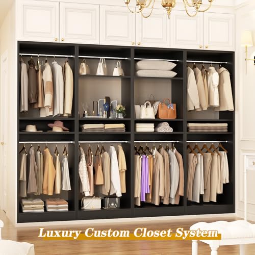 Unikito 100 Inch Large Closet System, 8.3FT Wood Closet Organizer Kit with 8 Hanging Rods, Adjustable Walk in Wardrobe Closet Tower, Sturdy Luxury Clothes Garment Rack, Easy Assembly, Set of 4, Black - color: Black, size: 100 Inch