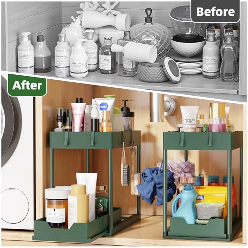 Simple Trending Under Sink Organizer 2 Pack, Sink Pull-Out Sliding Storage Cabinet, 2-Tier Under Shelf Organizer for Kitchen Bathroom, Green - color: Green, size: 2 pack