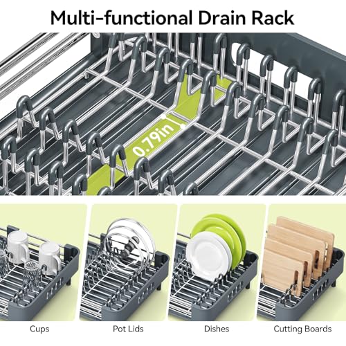 Urackify Stainless Steel Dish Drying Rack - Dish Drainer for Kitchen Counter, Extendable Drainboard with Foldable, Space-Saving Cup & Bowl Organizer, Includes Knife and Utensil Holder, Matte-Green - color: Dark Slate Teal