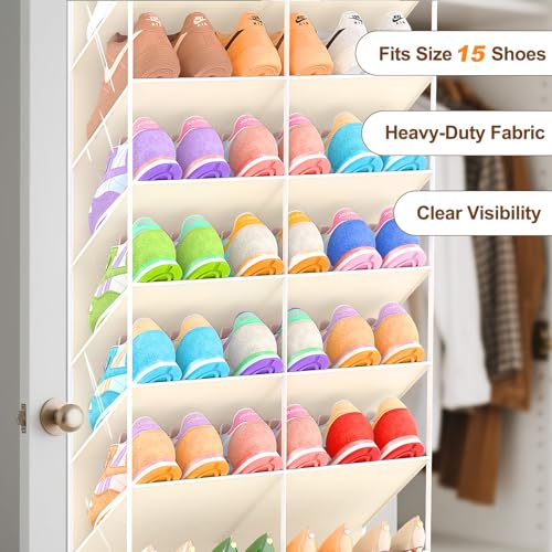 UVIAHOMI 20-30 Pairs Over the Door Shoe Organizer, Clear Pockets Hanging Shoe Storage for Closet, 10-Tier Door Shoes Rack, Handing Shoes Holder Fit All the Family's Sneakers, Boots, Heels, Beige - color: Beige