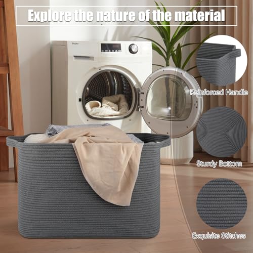 OIASKET 118L Extra Large Blanket Basket, 24.8"x17.7"x16.2" Woven Rope Baskets for Storage, Nursery Blanket Storage for Living Room, Toy Basket with Handle Organizing Comforter Cushions Pillows, Grey - color: Dark Grey
