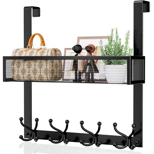 Consumest Over The Door Hooks Organizer - Over Door Hanger with 16 Hooks & 2 Baskets for Hanging Coat, Clothing, Towel, Back Storage for Bathroom, Closet, College Dorm, Black - color: Black-16 Hook 2 Basket, size: 2 Tier