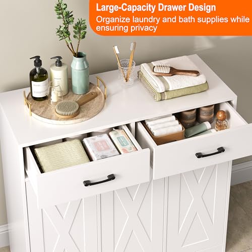 Herture Laundry Hamper Cabinet, Laundry Basket 3 Section with 2 Storage Drawers, Laundry Sorter with Pull-Out Removable Large Bags, 3 x 15.87 Gallons (60L), for Laundry Room Bathroom, White YL01XLW