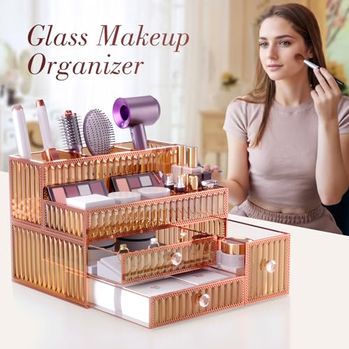 Makeup Organizer Golden- Tempered Glass Vanity Organizer for Cosmetics, Skincare, Hair Tools, Brushes, Perfume - Multipurpose Bathroom Counter Skincare Organizer - color: Golden
