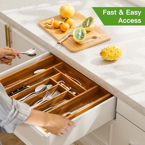 Pipishell Bamboo Expandable Drawer Organizer for Utensils Holder, Adjustable Silverware Organizer Cutlery Tray, Drawer Dividers for Utensils, Flatware, Knives in Kitchen, Bedroom, Living Room(M-Brown) - color: Brown, size: Medium