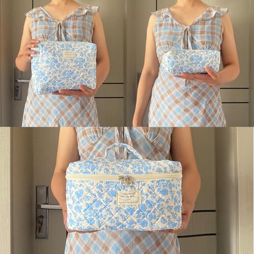 Blue Large Quilted Floral Makeup Bag Set of 3 Cute Coquette Aesthetic Cosmetic Bag Set Travel Toiletry Bag for Women - color: B-3Pcs Blue
