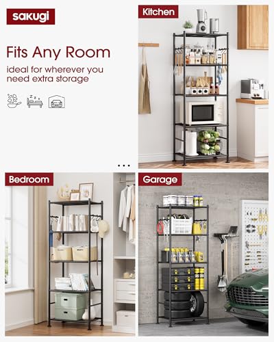 Sakugi Storage Shelves - 5-Tier Large Capacity Shelf Organizer with Hooks, Heavy-Duty Garage Shelving with Leveling Feet, Wobble-Free Rack for Bedroom, Balcony, Garage, 18.1"×12.4"×56.8", Black - color: Black, size: 18.1W×12.4D×56.8H(5T)
