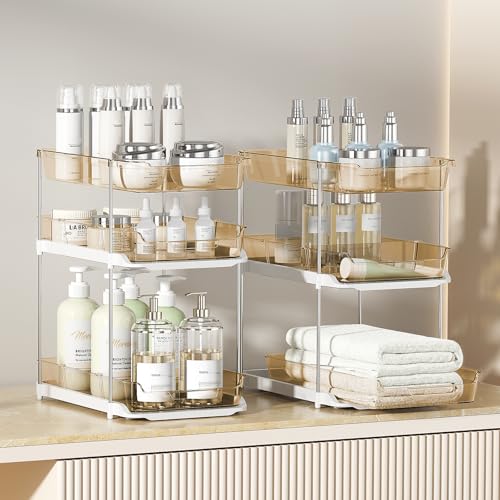 Delamu 2 Pack 3-Tier Bathroom Under Sink Organizers and Storage, Multi-Purpose Stackable Pantry Organization and Storage, Pull Out Clear Kitchen Bathroom Cabinet Organizer with Movable Dividers, Amber - color: Amber, size: 2 Pack 3-Tier