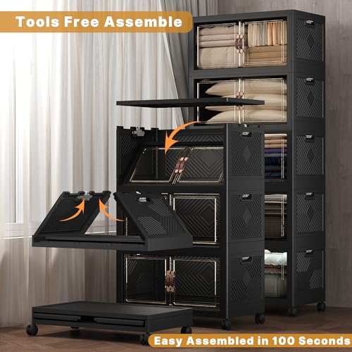 UAMFURI Extra Large Stackable Storage Bins with Lids & Wheels, Foldable Plastic Storage Bins (1, Black, 30"×20"×80"，840QT) - color: Black, size: 5PACK-30"W20"D80"H