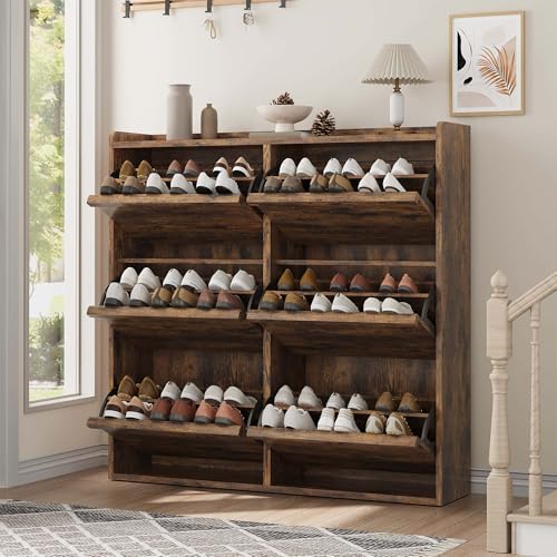 GarveeHome Shoe Cabinet with 6 Flip Drawers, Wooden Shoe Organizer Cabinet with Adjustable Shelf, Shoe Storage for Entryway, Hidden Shoe Cabinet for Hallway, Living Room, Rustic Brown - color: Rustic Brown, size: 6-Drawers
