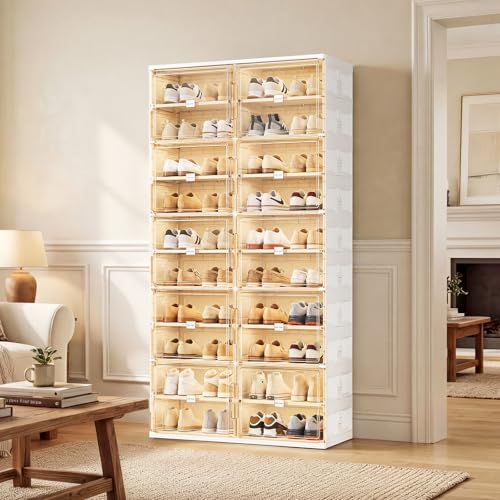 JEKO&JEKO 10 Tiers Foldable Shoe Rack Organizer Cabinet for Closet Entryway, Large Collapsible Shoe Storage Box with Magnetic Doors Fits Up to 40 Pairs (White) - color: Double-row, size: 10 Tiers (Standard Tiers Only)