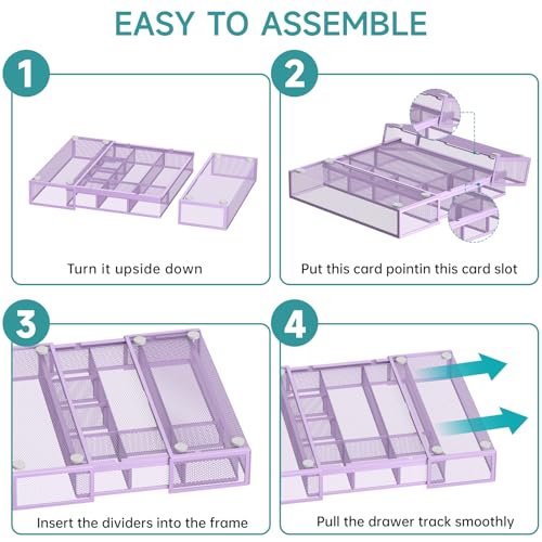 Expandable Desk Drawer Organizer Tray with 10 Adjustable Compartments, Metal Mesh Office Drawer Organizer, Versatile Desk Organizer for Home, School Supplies, Makeup Vanity & Jewelry (Purple) - color: Purple