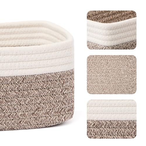 MiniArk Small Storage Baskets for Organizing | Closet Organizer Bins | Shelf Toy Basket | Woven Rope Baskets | Cube Decorative Box | Shallow Basket | 11.5x7.5x4.7” | 3 Packs White Brown - color: Off White/Brown, size: 3pcs-L11.5xW7.5xH4.7"