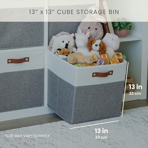 OrganiHaus 13" x 13" x 13" Cube Fabric Storage Bins Set of 4, Fabric Storage Cubes w/ Vegan Handles, 13 inch Collapsible Bins for Clothes & Toys Organizer, 13x13 Basket for Decor - Grey/White - color: Gray Base / Off-White, size: (13x13) Leather Handles