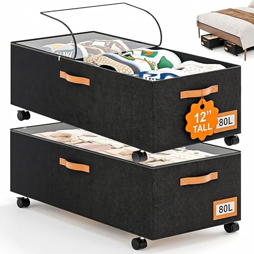 Under Bed Storage with Wheels, 12" Height Under Bed Storage Extra Deep Under Bed Storage Containers, Perfect for 14'' Bed Frame, No Assemble Metal Rolling Underbed Storage for Clothes Shoes Blankets - color: Extra-Tall Design