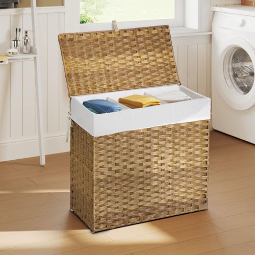 Greenstell Laundry Hamper with Lid, 125L Wicker Laundry Baskets with 2 Removable Liner Bags & 5 Mesh Laundry Bags, Handwoven Rattan Clothes Hamper with Handles for Clothes in Bathroom, Bedroom - color: Light Natural