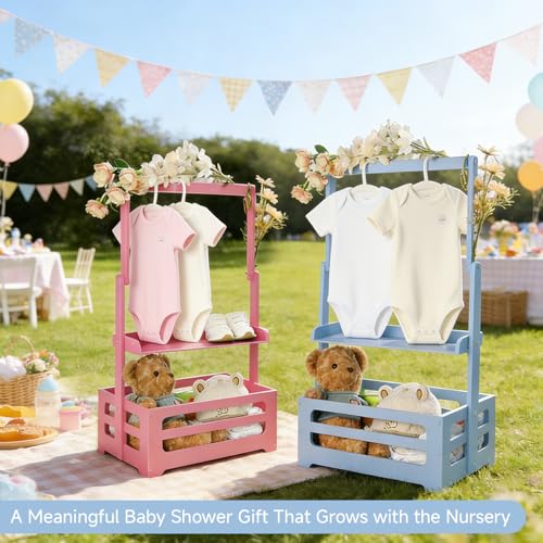 Baby Shower Crate Closet, Gender Reveal Storage Box with Wooden Baby Clothing Display Rack, Nursery Closet Organizer with Hanging Rod, Shelf & Toy Crate for Newborn Boy or Girl - Pink - color: Pink