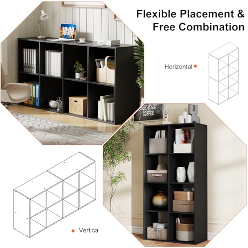 Sweetcrispy 8 Cube Storage Organizer - Open Cube Bookshelf with 4 Removable Back Panels, Display Storage Bookcase for Living Room, Bedroom, Entrance Hall, Home Office，47.7" L×11.6" W×24" H, Black - color: Black, size: 8-Cube(47.7"L×11.6" W×24"H)