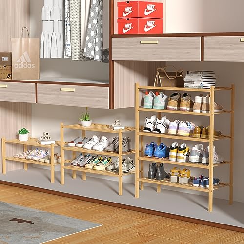 ROMGUAR CRAFT 5 Tier Bamboo Shoe Rack for Closet Free Standing Wood Shoe Shelf for Entryway Small Space Stackable 27"x11"x33" (Natural) - color: Natural, size: 5 tier