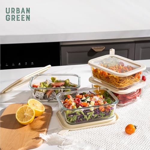 Urban Green Glass Food Storage Containers with Glass Lids, Microwave Safe Food Container Set, Airtight Food Container Set, LeakProof, 100% Plastic Free, White Color, 4pack - color: ‎Ivory White -4s