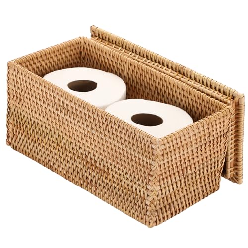 Hipiwe Rattan Basket Box Wicker Storage Bins with Lid Handwoven Wicker Basket Box Lidded Decorative Baskets Rectangular Baskets Bin for Shelf Organizing Home Decor, 11.8"Lx6.2"Wx6.1"H - size: 11.8"L x 6.2"W x 6.1"H, without Handle