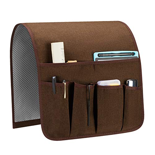 Sofa Armrest Organizer, Remote Control Holder for Recliner Couch, Arm Chair Caddy with 5 Pockets for Magazine, Tablet, Phone, iPad - color: Brown, size: W13'' x L33''