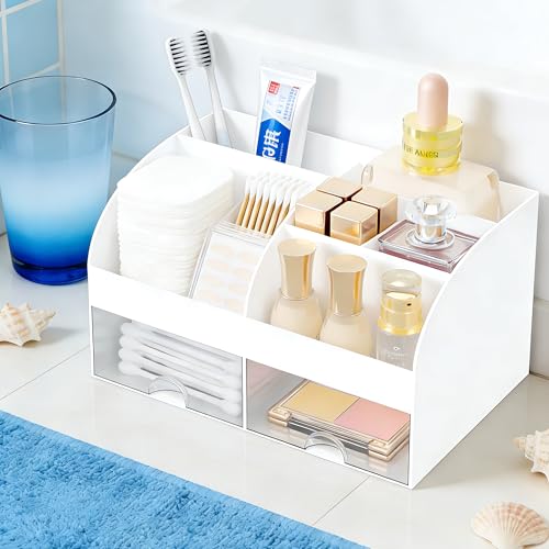 Makeup Organizer with 2 Drawers, Cosmetic Storage for Dresser Vanity and Bathroom Countertop,Make up organization and Skincare Storage with Beauty Brush Holder, Cosmetic Display Case (White) - color: White
