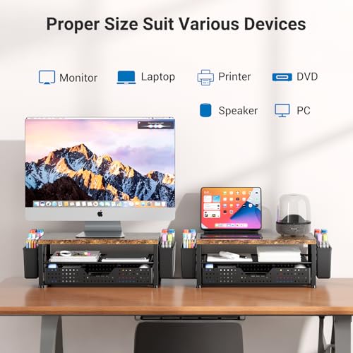 Wood Metal Monitor Stand Riser, Laptop Stand for Desk, Office Desk Organizer and Accessories, Computer Desktop Shelf with Drawer and Pen Holder, Printer Stand for Home, Office, Dorm (Brown) - color: Brown Wood