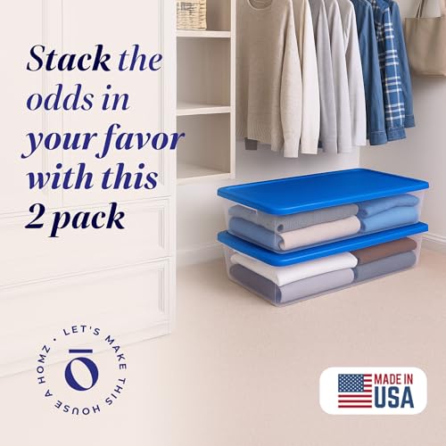 HOMZ 2-Pack Snaplock, Large Clear Plastic Storage Organizer Bins w/Lids, 41 Quart, Blue - Stackable Container Boxes for Bedroom, Bathroom, Garage, and Office Organization - color: Blue Lid, size: 41 QT (2 Pack)