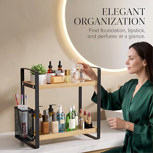 LEMIKKLE 2-Tier Wood Bathroom Counter Organizer with Basket,Waterproof Vanity Perfume Skincare Storage for Bathroom, Kitchen, Dresser - color: Light Brown
