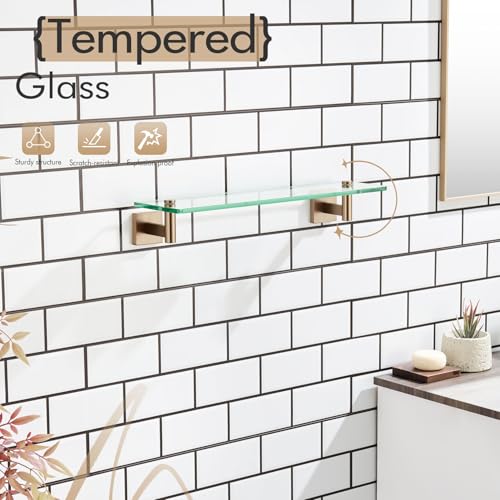 KOKOSIRI Wall Shelves Bathroom Hardware Tempered Glass Floating Shelf Hanging Rack Storage/Room Decor 20-Inch Champagne Bronze 2 Pack B1105CPG-L20-P2 - color: Champagne Bronze, size: 20-Inch(2 Pack)