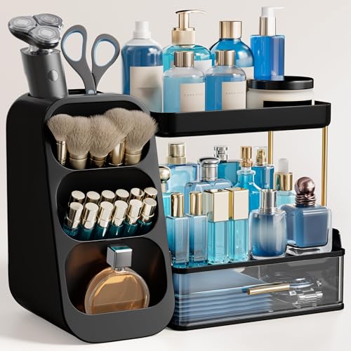 HBlife Bathroom Organizers and Storage with Brush Holder for Vanity, 3 Tier Plastic Makeup Organizer for Dresser Counter, Skincare, Lipstick, Perfume, and Cosmetic Storage, Black - color: Black, size: Medium