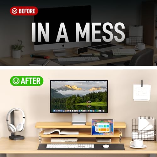 AFOOYO Bamboo Dual Monitor Stand Riser,31.5In 2 Tier Desk Organizer, Adjustable Arylic Feet Computer Monitor Stand, Desk Shelf for Office - color: Bamboo, size: 2 Tier