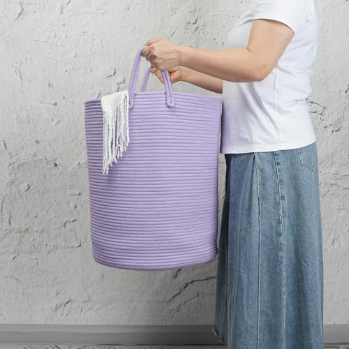 Woven Cotton Rope Laundry basket-15”X20” Laundry Hamper-Rope Storage Basket for Dirty Clothes, Toys and Blankets Perfect for Bathroom, Baby nursery and Living Room Storage (purple) - color: purple, size: regular