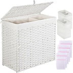 Greenstell Laundry Hamper with Lid, 125L Large Clothes Hamper with 3 Section & 2 Section Removable Liner Bags & 5 Mesh Laundry Bags, Handwoven Synthetic Rattan Divided Laundry Basket, White - color: White