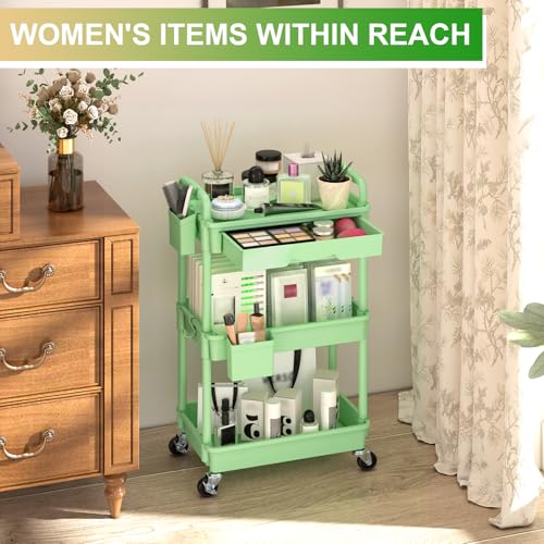 Goovilla 3 Tier Rolling Utility Cart Organizer with Removable Drawer, Stable and Sturdy Green Rolling Storage Carts with 2 Lockable Wheels for Bathroom, Kitchen, Snack, Craft, Makeup, Baby Essentials - size: 3 Tier, style: Green
