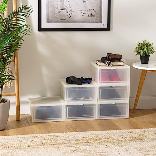 IRIS USA Stackable Shoe Storage Box with Latch Drop Front Door, 6-Pack, for Scarf Game Organizer Container with Ventilation Holes for Closet Under Bed Entryway Storage, Strudy, Wide, Clear - size: 18 Qt Drop Front - 6 Pack